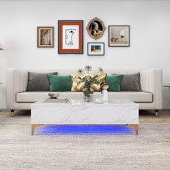 Table De Salon avec LED - Avec Plateau Relevable - Marbre Blanc Lustré - 47 po