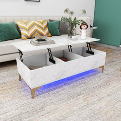 Table De Salon avec LED - Avec Plateau Relevable - Marbre Blanc Lustré - 47 po