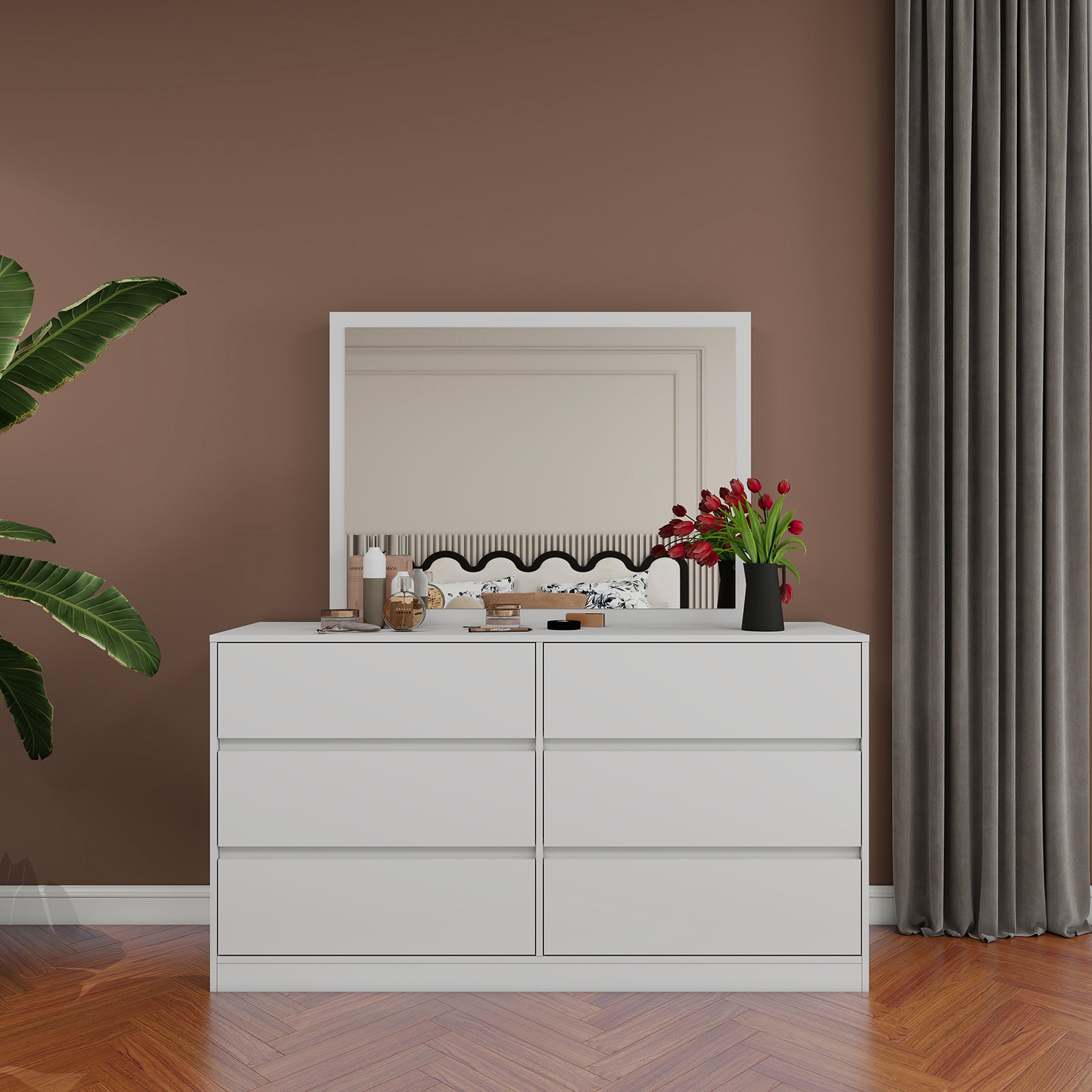 Verna - 6-Drawer Dresser with Mirror - Glossy White
