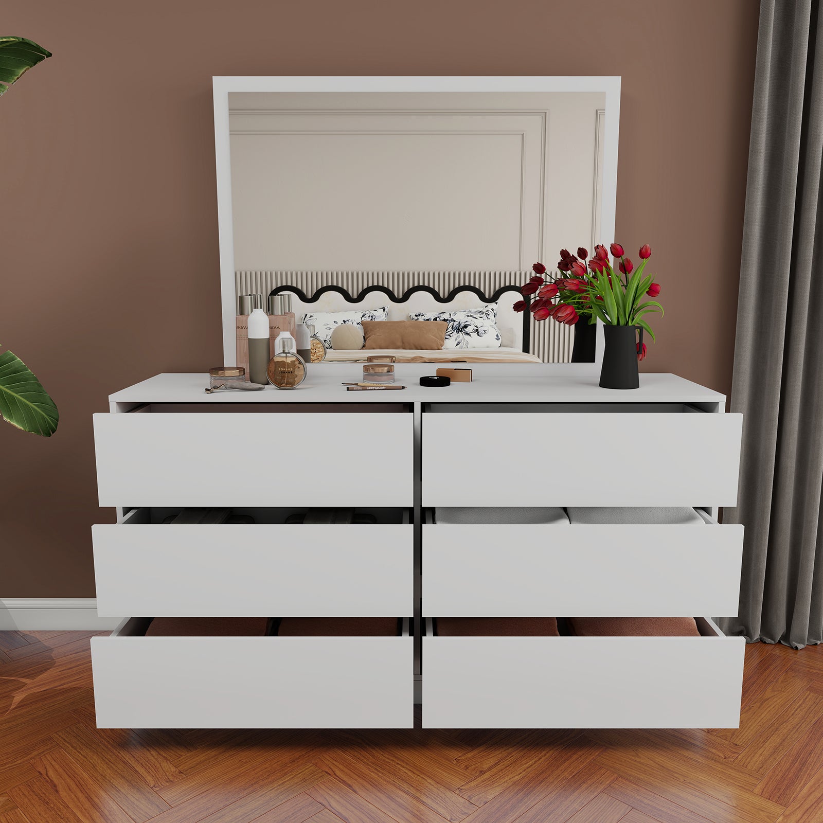 Verna - 6-Drawer Dresser with Mirror - Glossy White