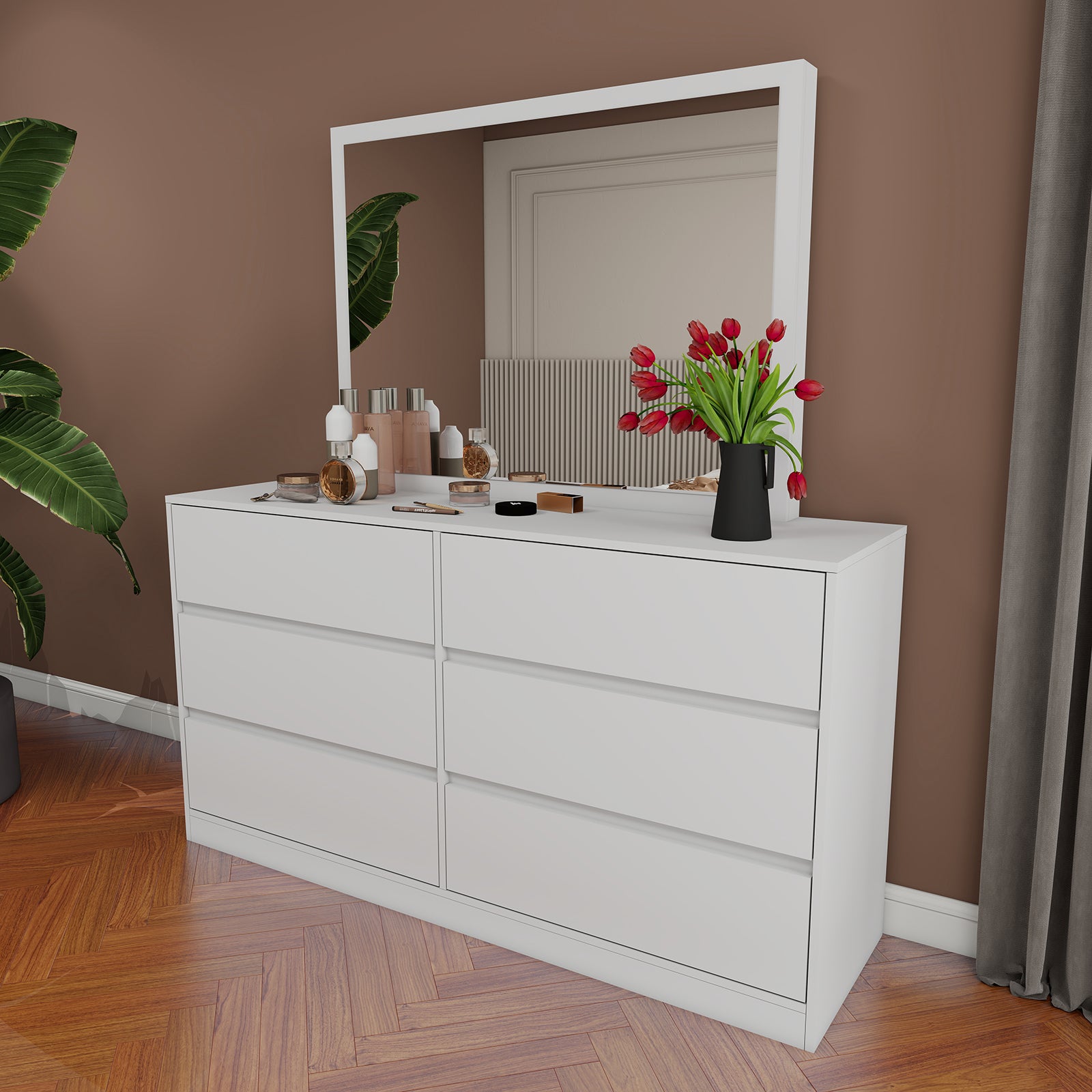 Verna - 6-Drawer Dresser with Mirror - Glossy White