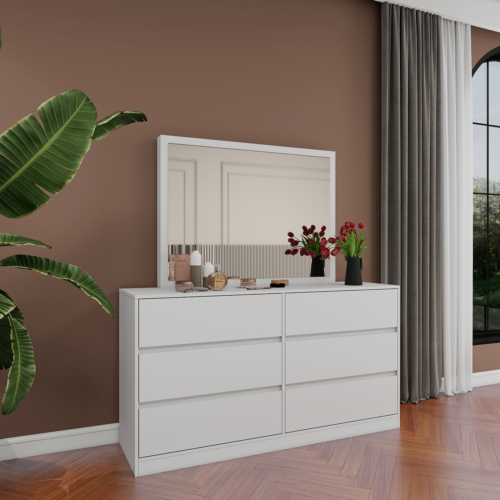 Verna - 6-Drawer Dresser with Mirror - Glossy White