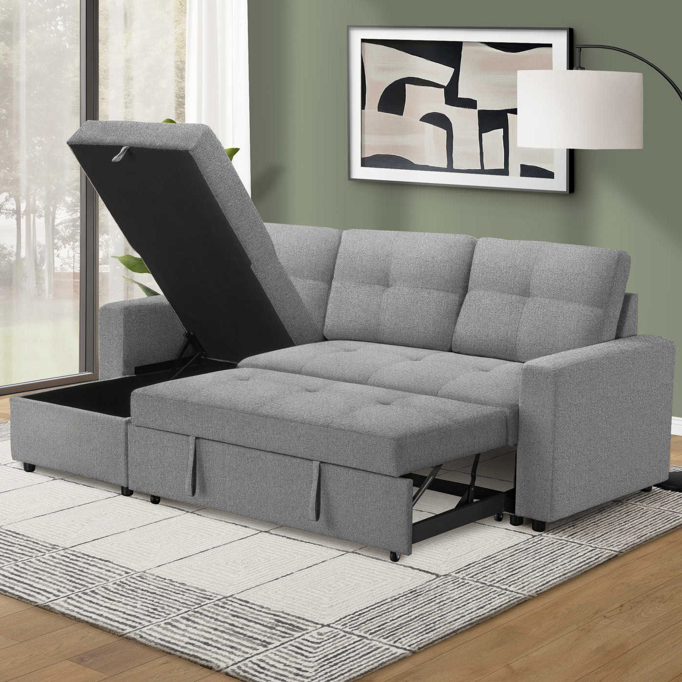 Leana - Sofa Lit Sectionnel Réversible - Tissu Gris Pâle