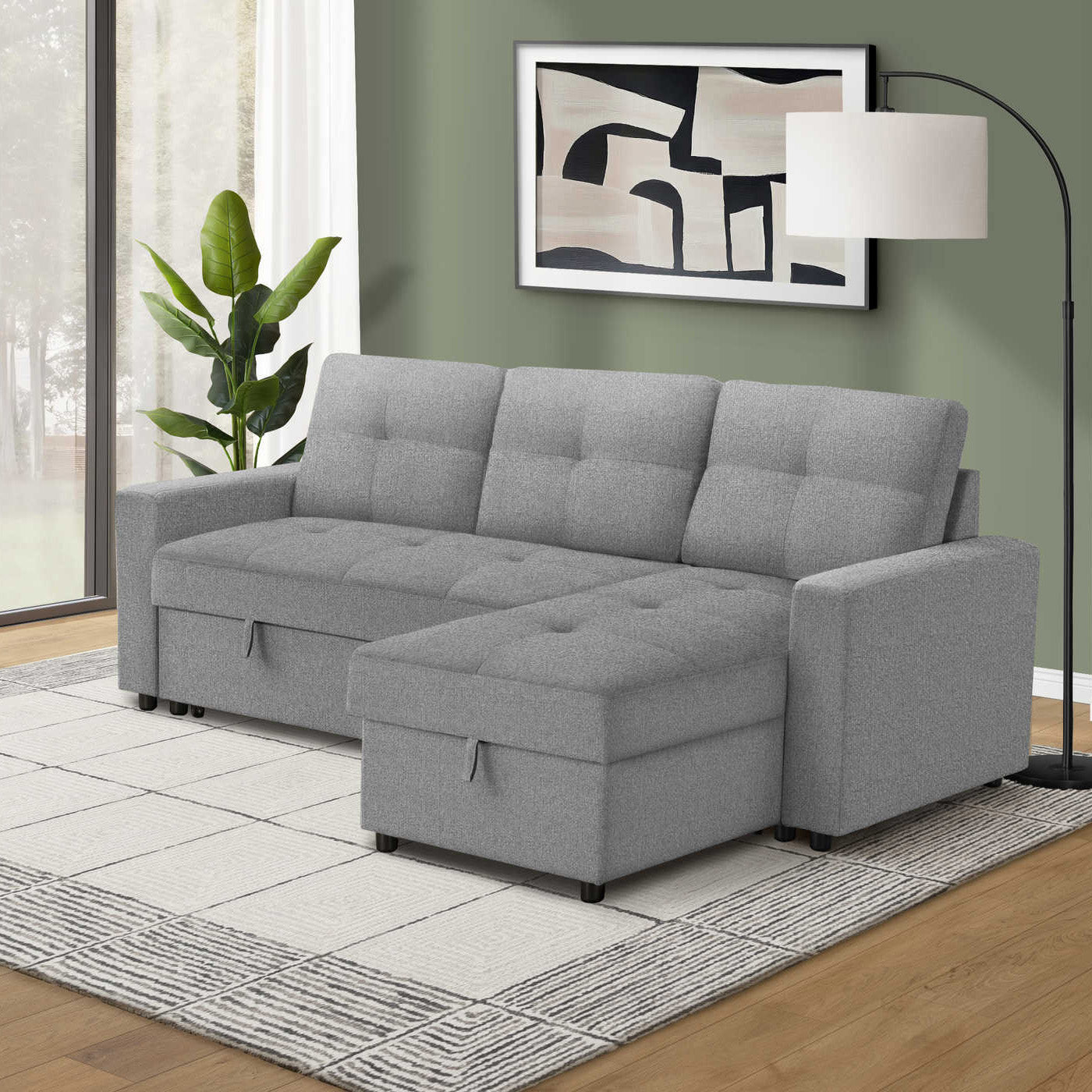 Leana - Sofa Lit Sectionnel Réversible - Tissu Gris Pâle