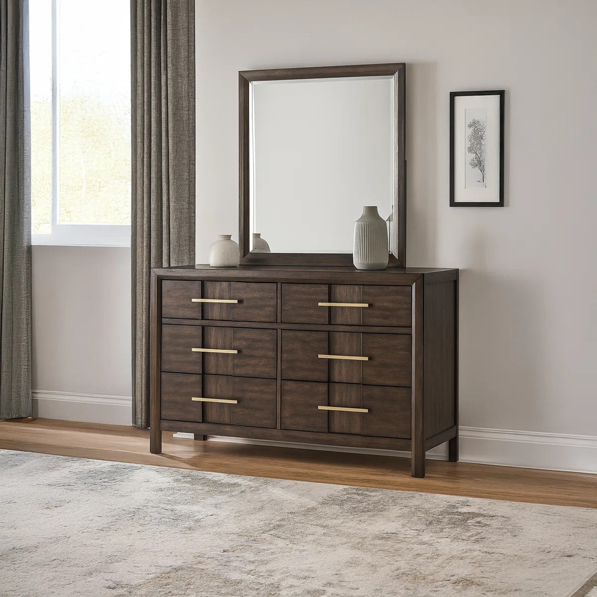 Minora - 6-drawer dresser with mirror - Walnut