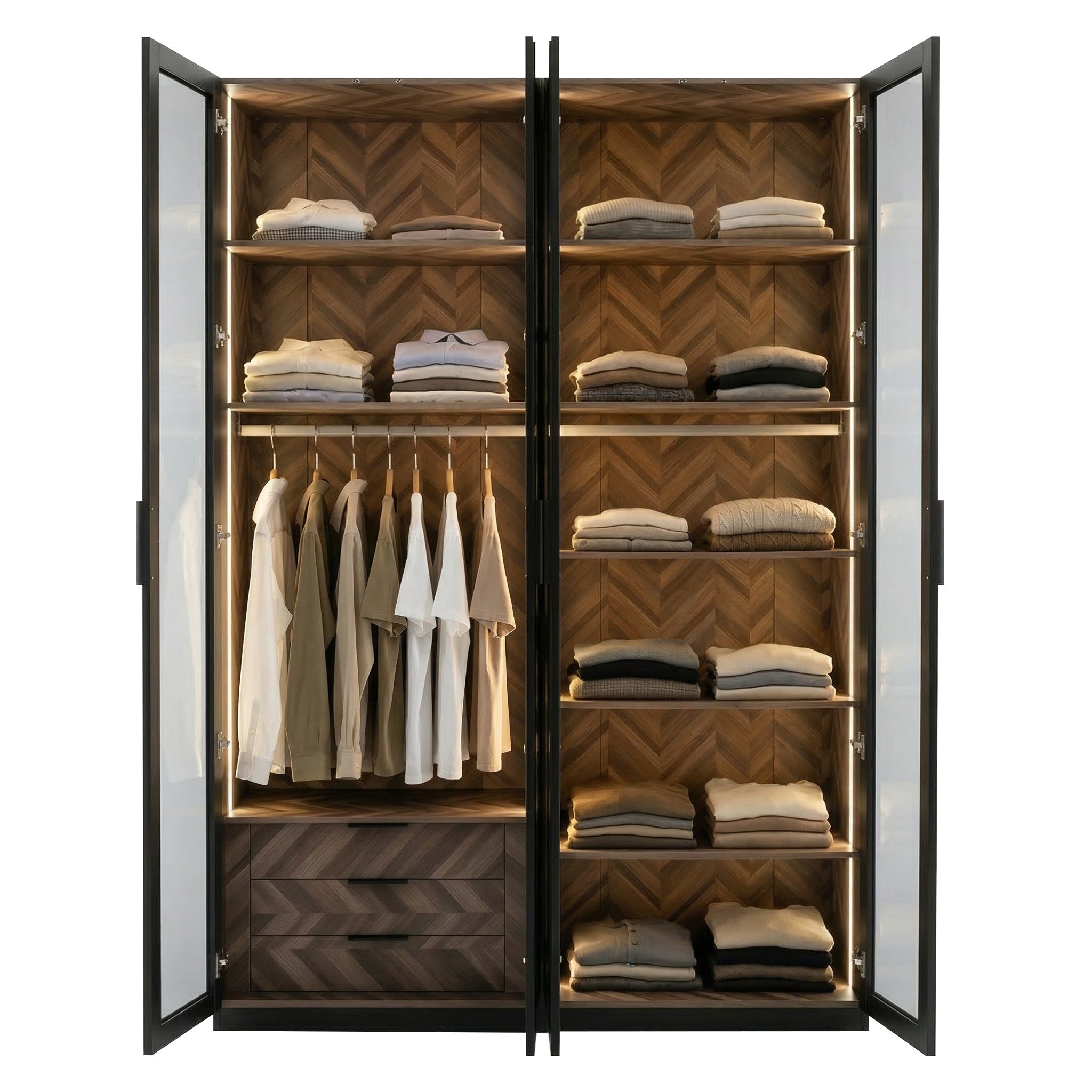 Alvero - Wardrobe - 4 Doors and 3 Drawers - Black and Wood