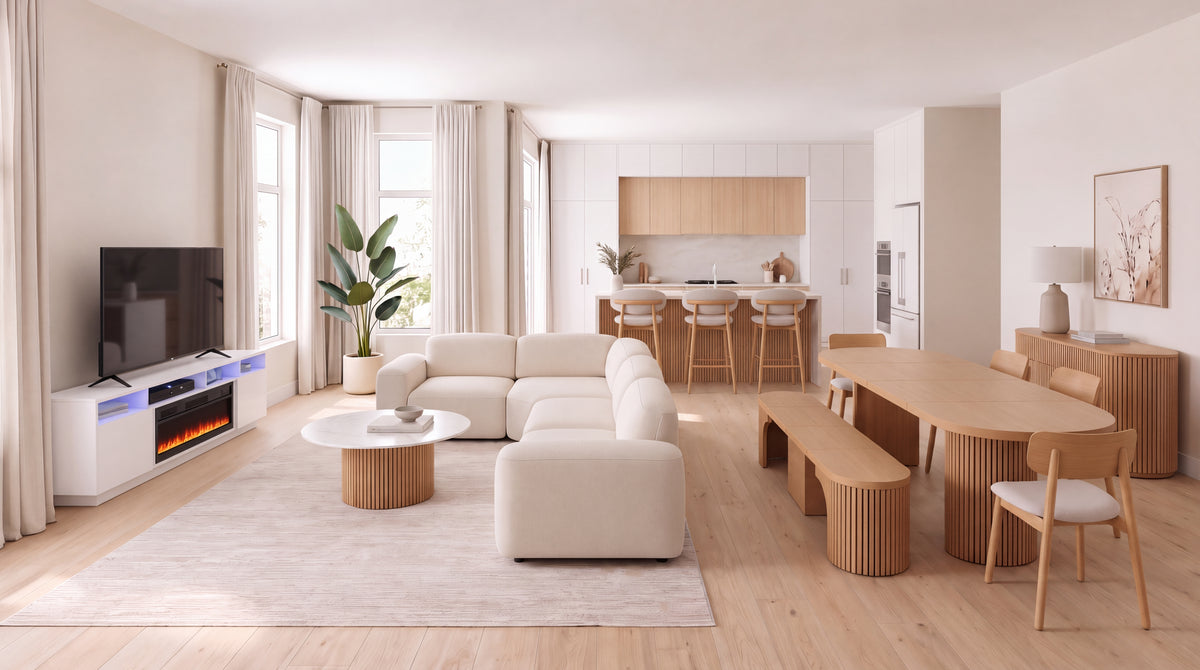 Salon et salle à manger CHÉVOUS dans un intérieur lumineux aux tons naturels
