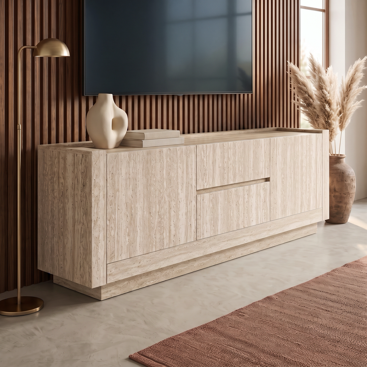Alec - TV Stand - Travertine Stone Effect