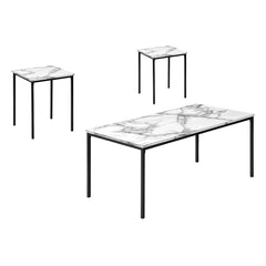 Table Set - 3pcs / White Marble / Black Metal