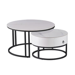 Coffee table set - 2 pieces - White Marble / Black Metal