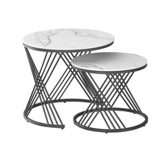 Coffee table set - 2 pieces - White Marble / Black Steel Metal