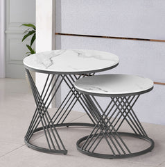 Coffee table set - 2 pieces - White Marble / Black Steel Metal