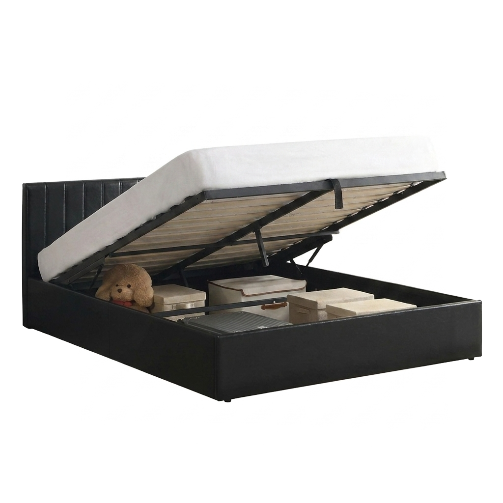 Norah - Lit Queen avec rangement - Simili Cuir Noir