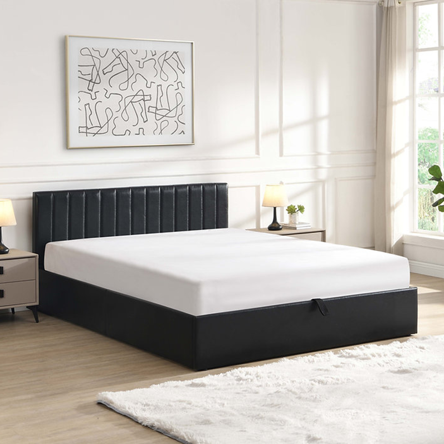 Norah - Lit Queen avec rangement - Simili Cuir Noir