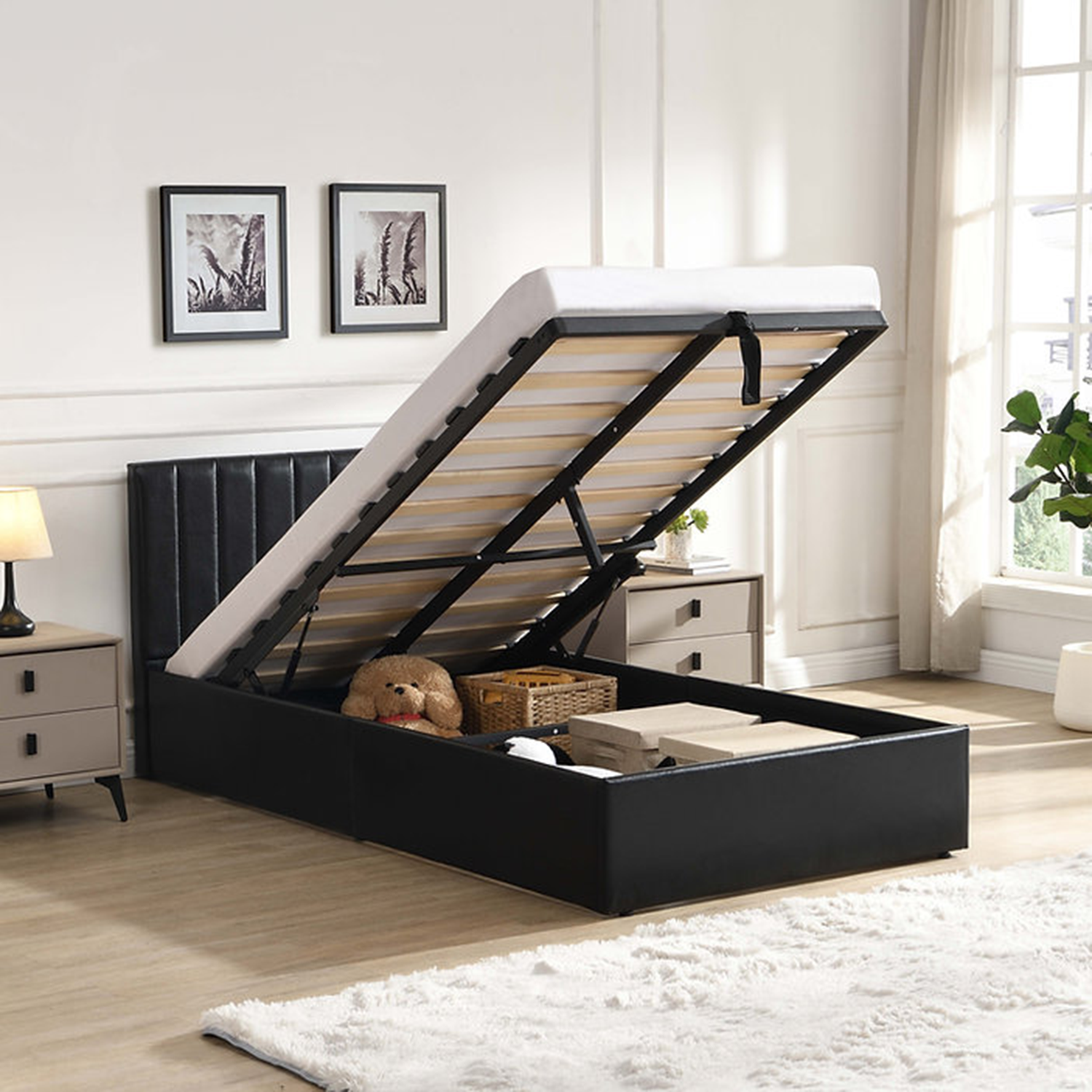Norah - Lit Simple avec rangement - Simili Cuir Noir
