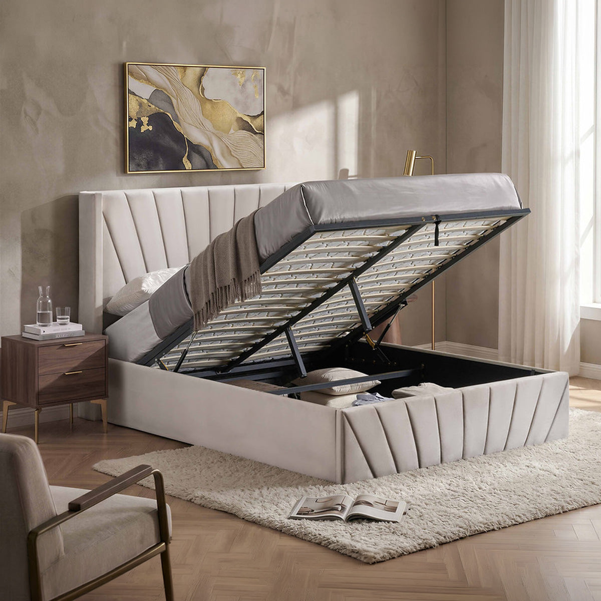 Solaro - Queen Bed - Beige Velvet