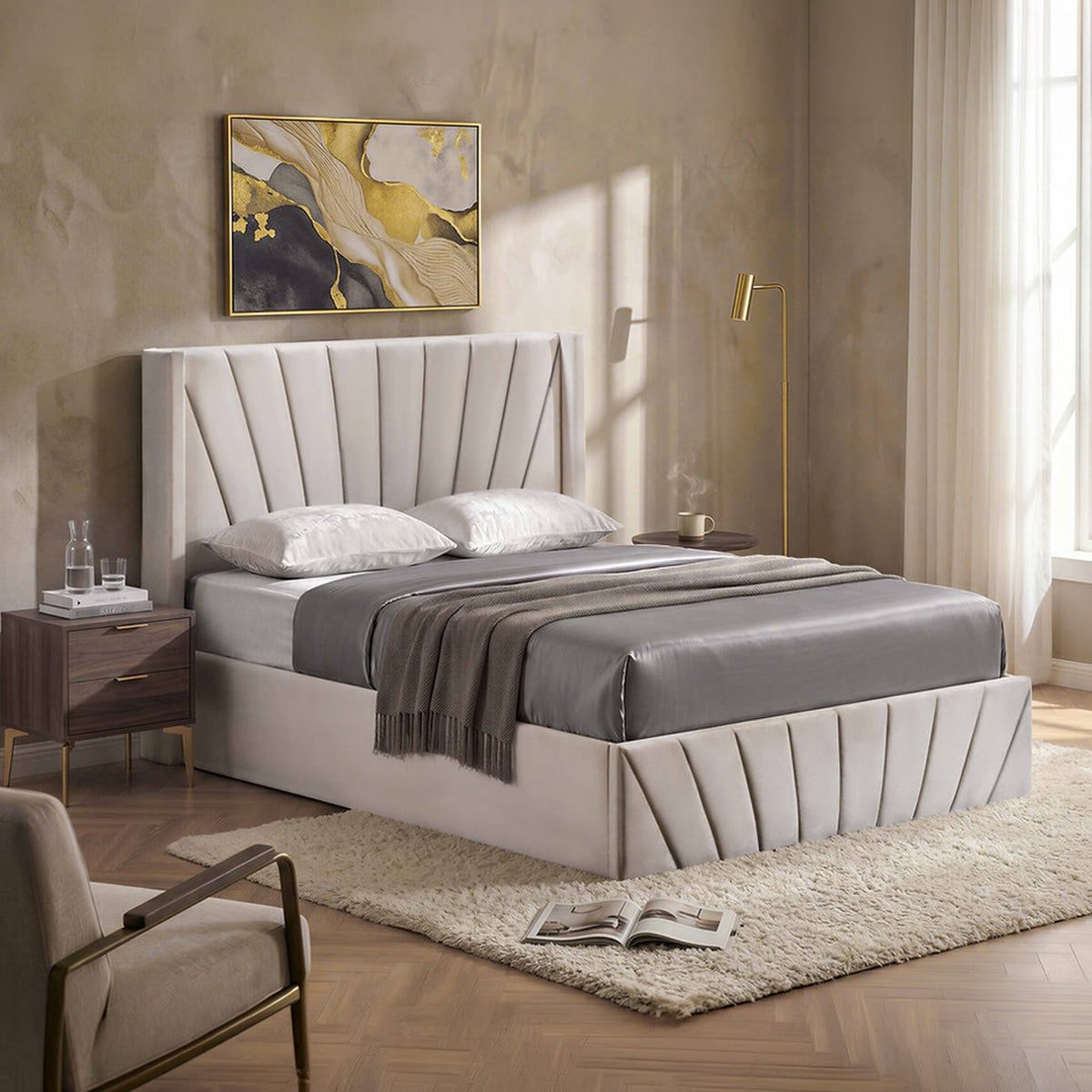 Solaro - Queen Bed - Beige Velvet