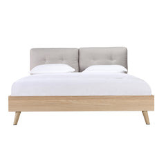 Bed - Queen / Beige fabric with light faux wood