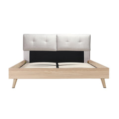 Bed - King / Beige fabric with light faux wood