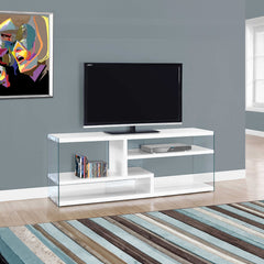 Meuble de TV - Blanc Lustré avec étagères - Verre trempé - 60 po - Blanc
