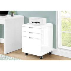 Filing Cabinet - 3 Drawers / Glossy White On Casters