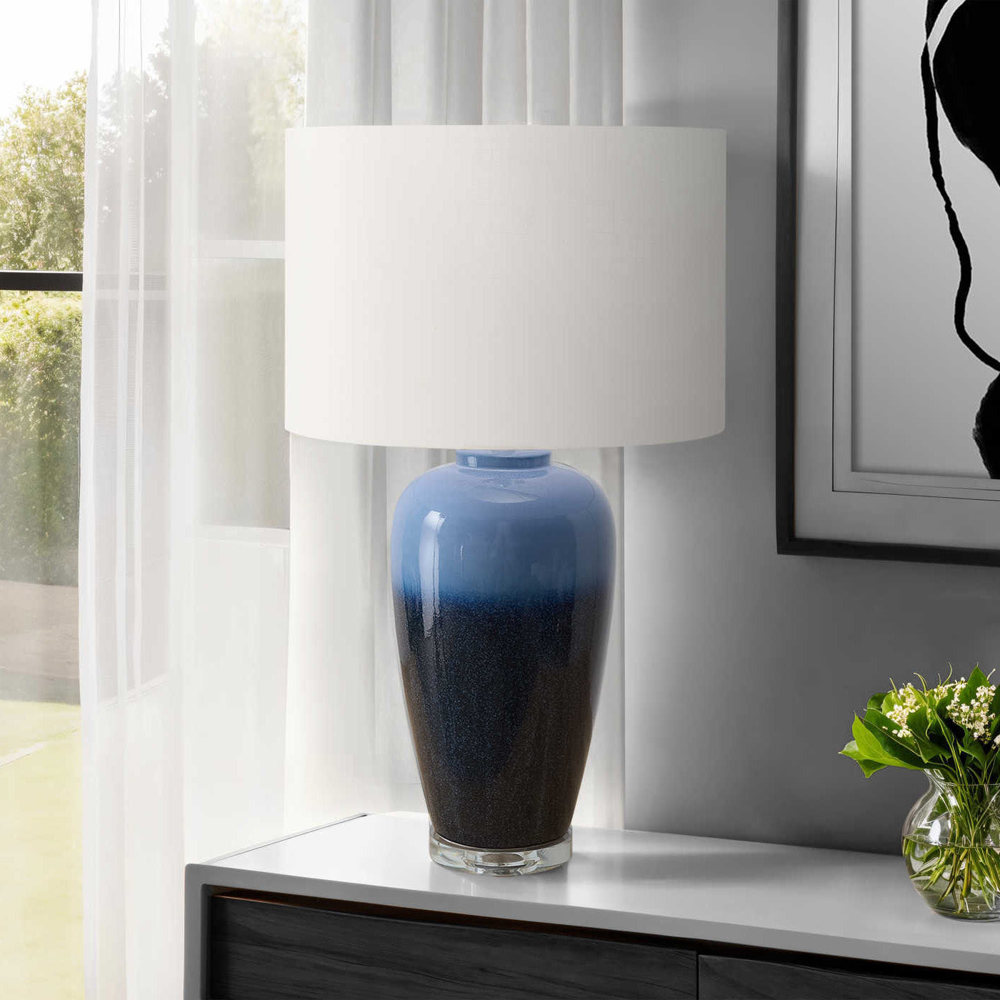 Table Lamp - 29"H / Blue Ceramic / Ivory