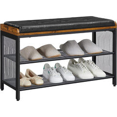 Upholstered Shoe Bench with Mesh Shelves - Rustic Brown