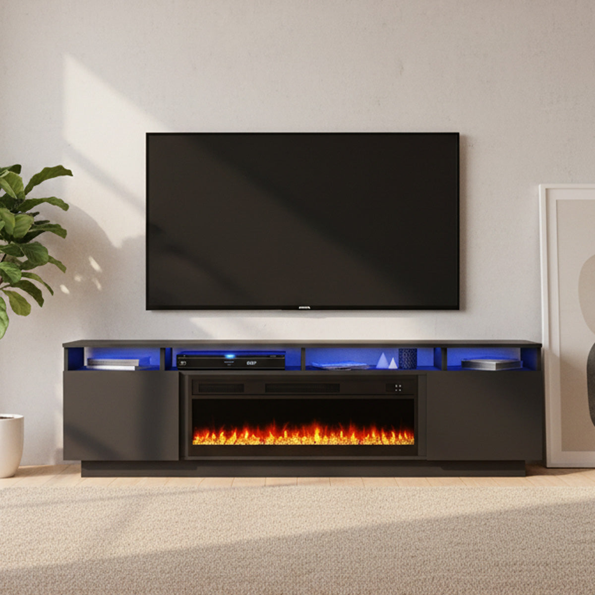 Laura - Meuble de TV avec Foyer et LED - Noir Lustré - 78 po