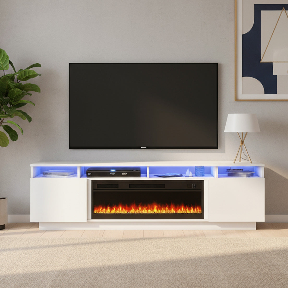 Laura - Meuble de TV avec Foyer et LED - Blanc Lustré - 78 po