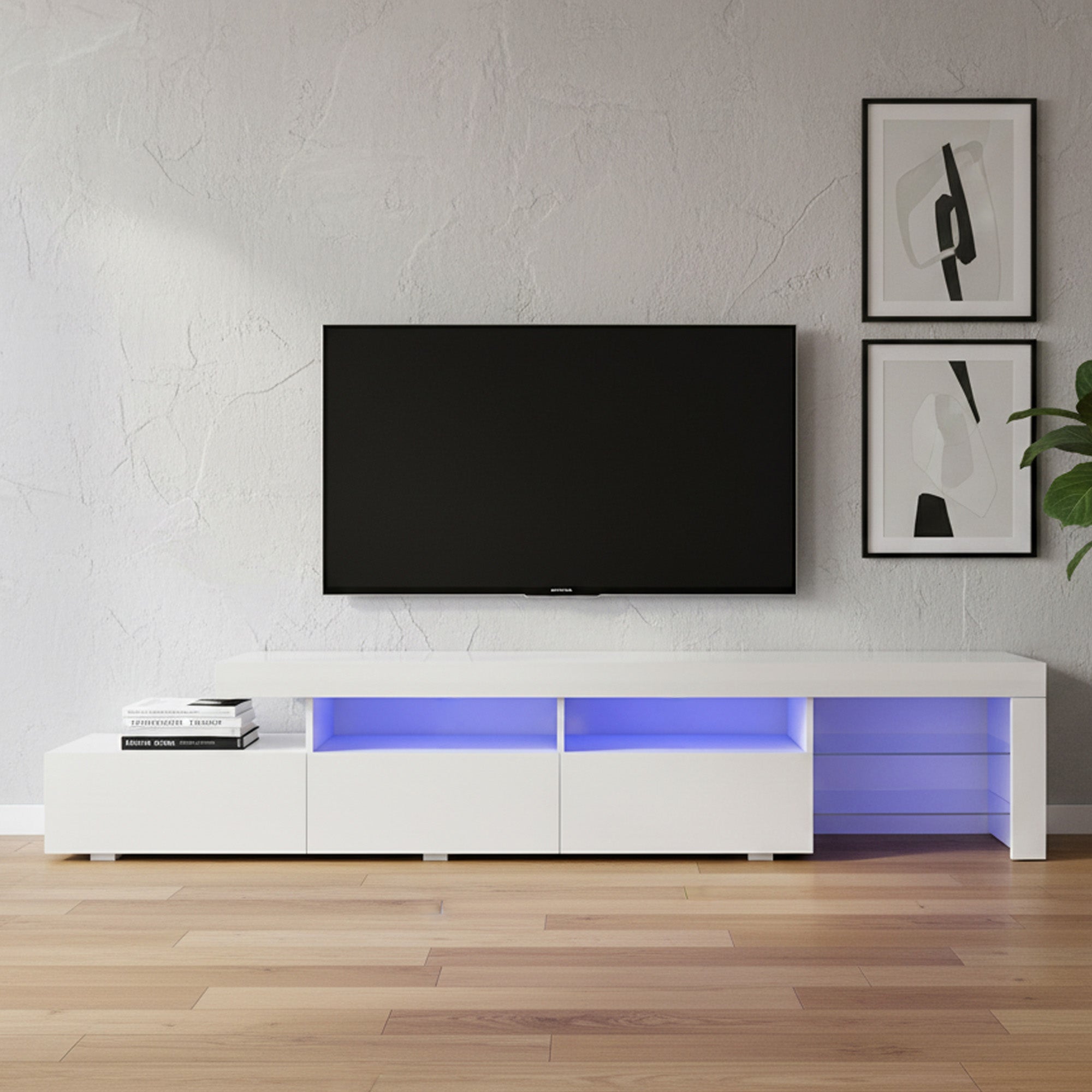 Gabriel - Meuble de TV avec LED - Blanc Lustré - 95 po