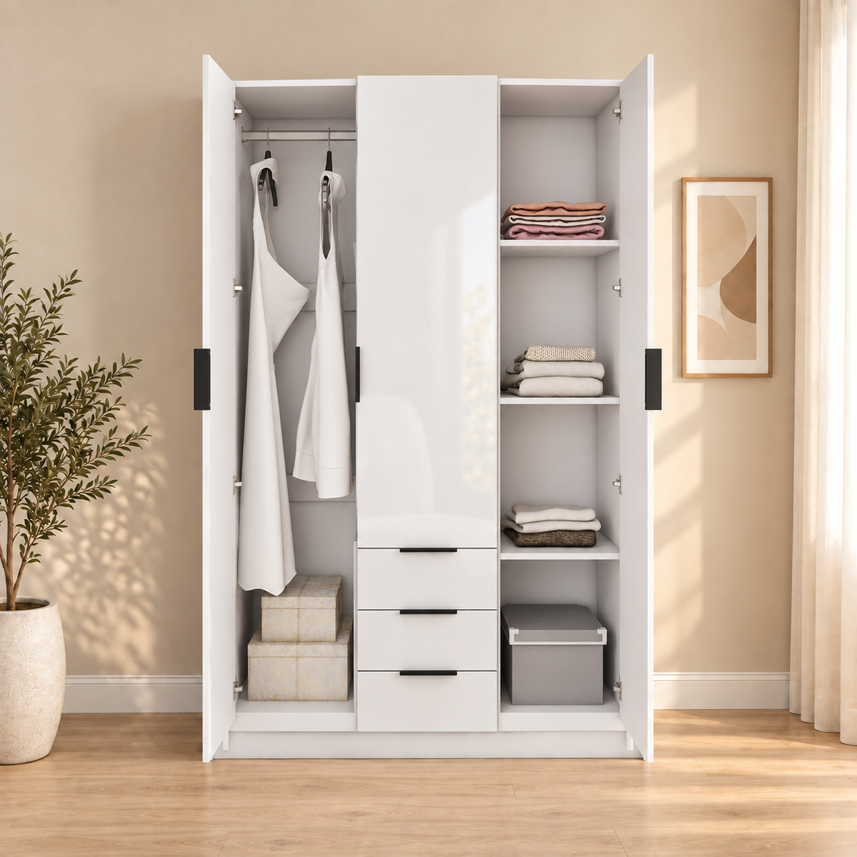 Vox - Armoire - 3 Portes et 3 Tiroirs - Blanc Lustré