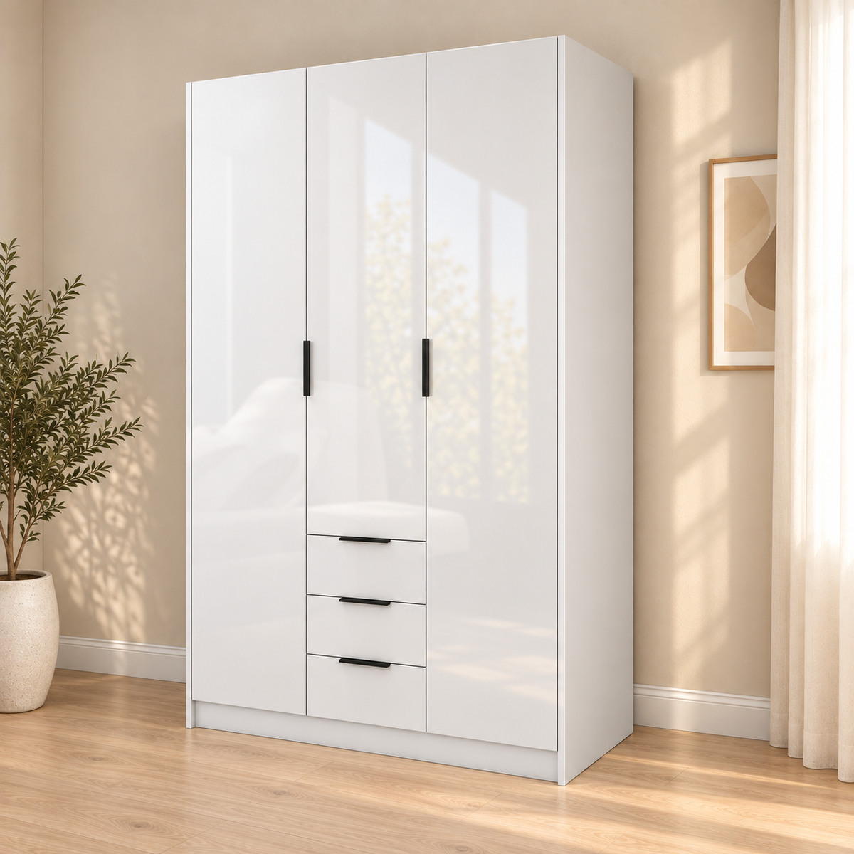 Vox - Armoire - 3 Portes et 3 Tiroirs - Blanc Lustré