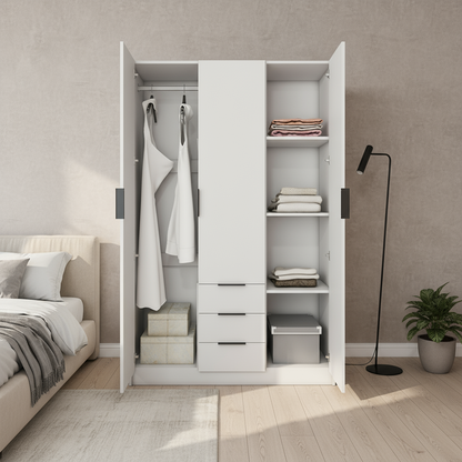 Vox - Wardrobe - 3 Doors and 3 Drawers - Glossy White