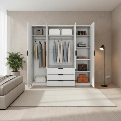 Vyx - Wardrobe - 4 Doors and 3 Drawers - Glossy White