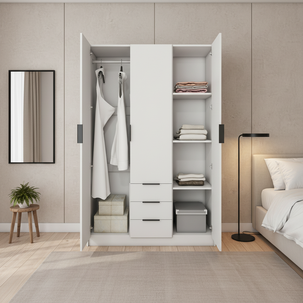 Vox - Wardrobe - 3 Doors and 3 Drawers - Glossy White