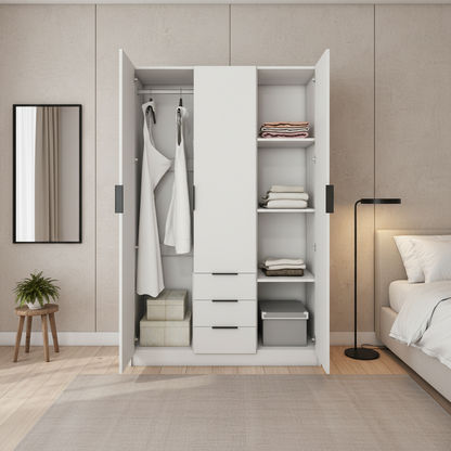 Vox - Wardrobe - 3 Doors and 3 Drawers - Glossy White
