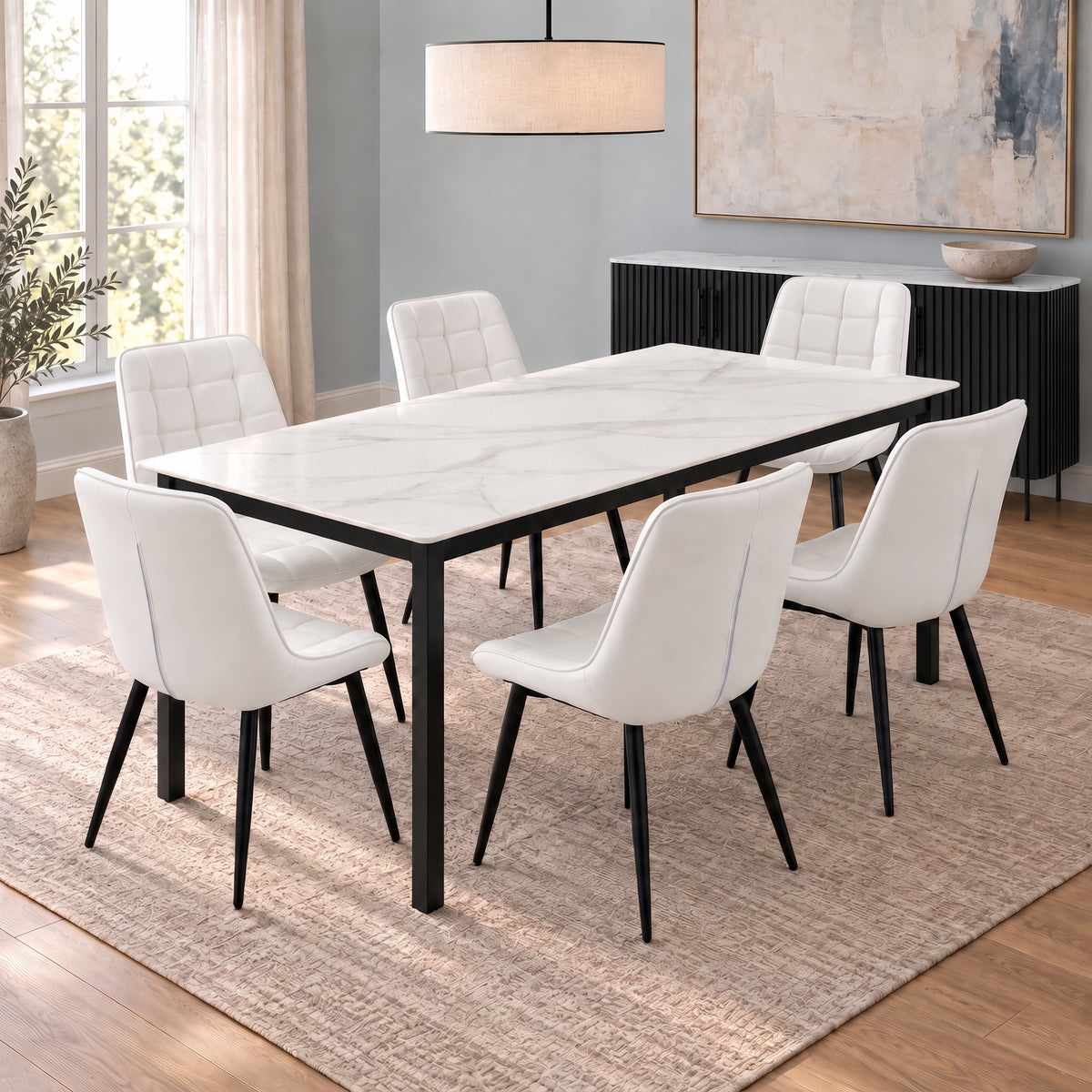 Nadia/Aurora - Dining Room Set - White and Black Marble