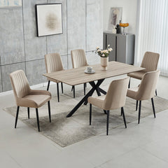 Dining Room Set - 7 Pieces - Wood / Beige Velvet