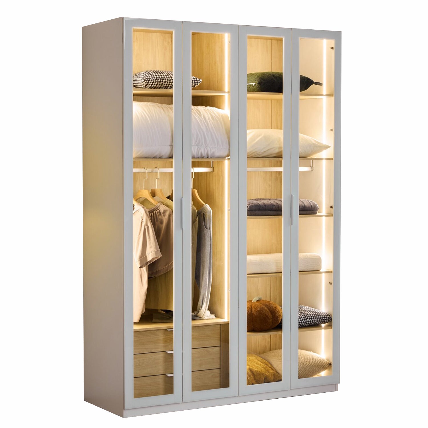 Alvero - Wardrobe - 4 Doors and 3 Drawers - White and Wood