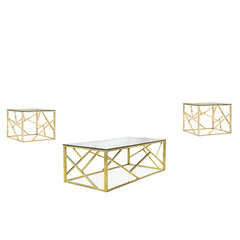 Ensemble table de salon - 3 morceaux - Verre trempé et or