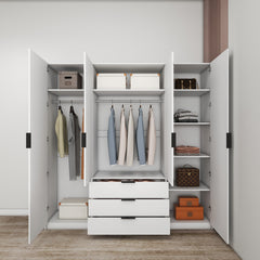 Wardrobe with 4 Doors and 3 Drawers - Glossy White