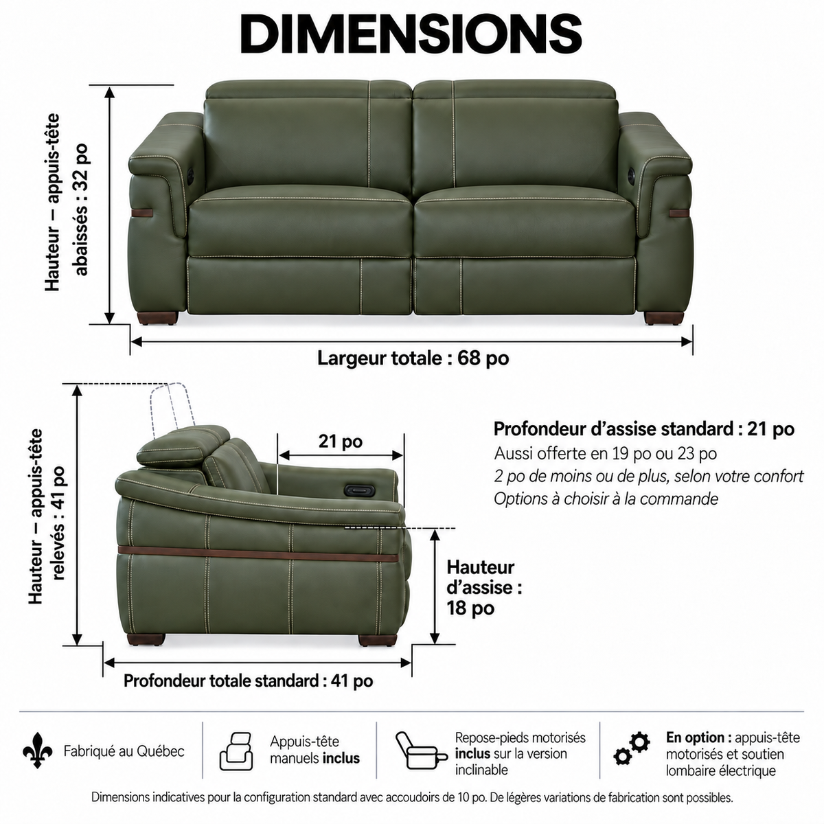 Montello - Causeuse inclinable motorisée - Cuir Véritable Vert