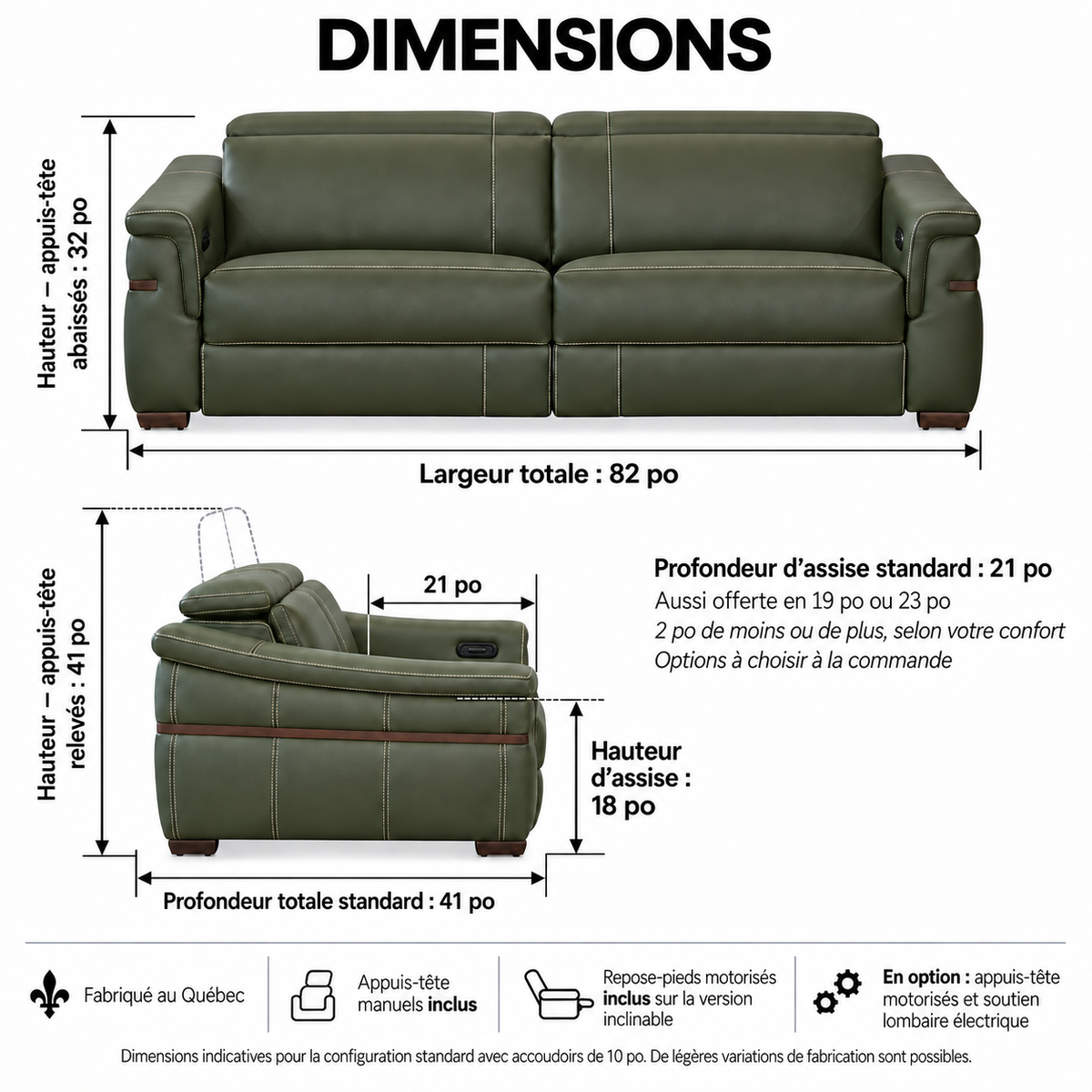 Montello - Sofa Condo inclinable motorisée - Cuir Véritable Vert