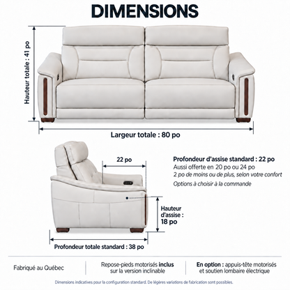 Bellano - Sofa Condo inclinable motorisée - Cuir Véritable Ivoire