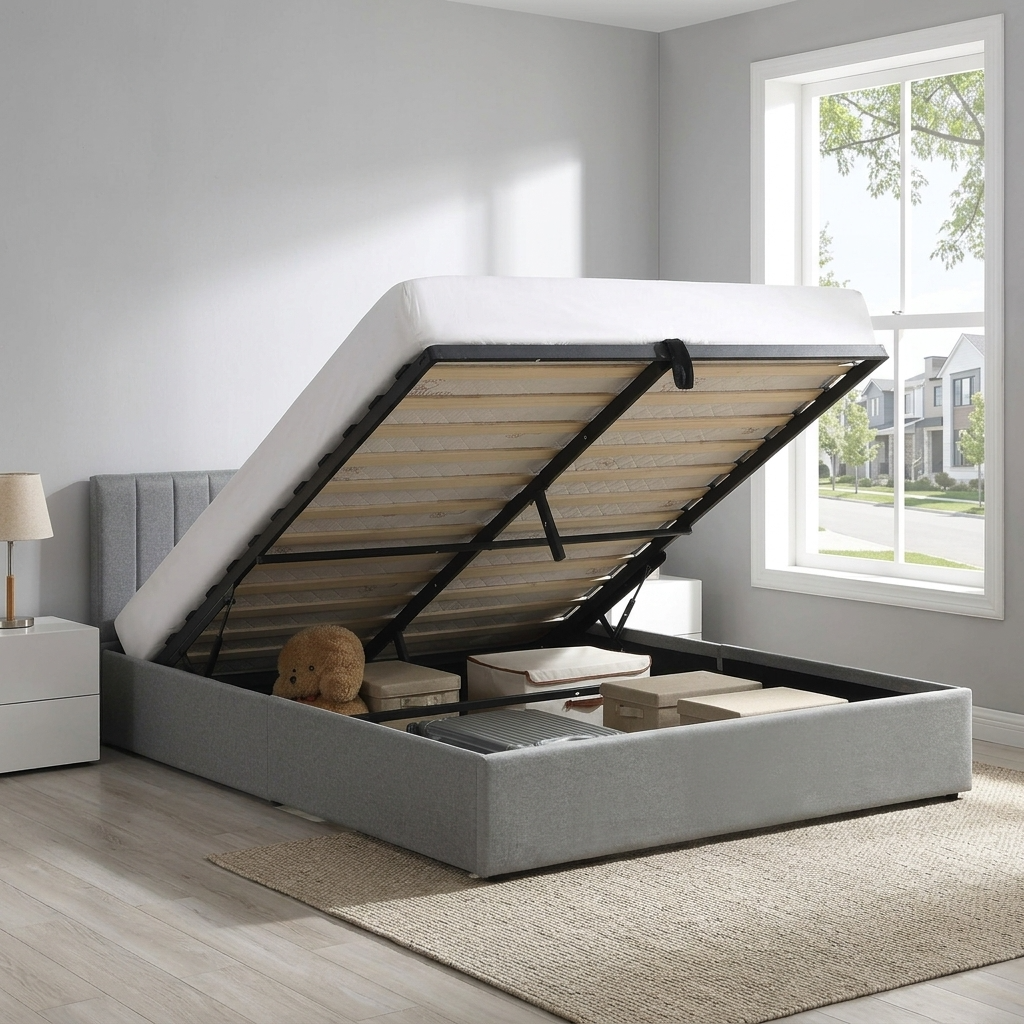 Norah - Lit King avec rangement - Tissu Gris