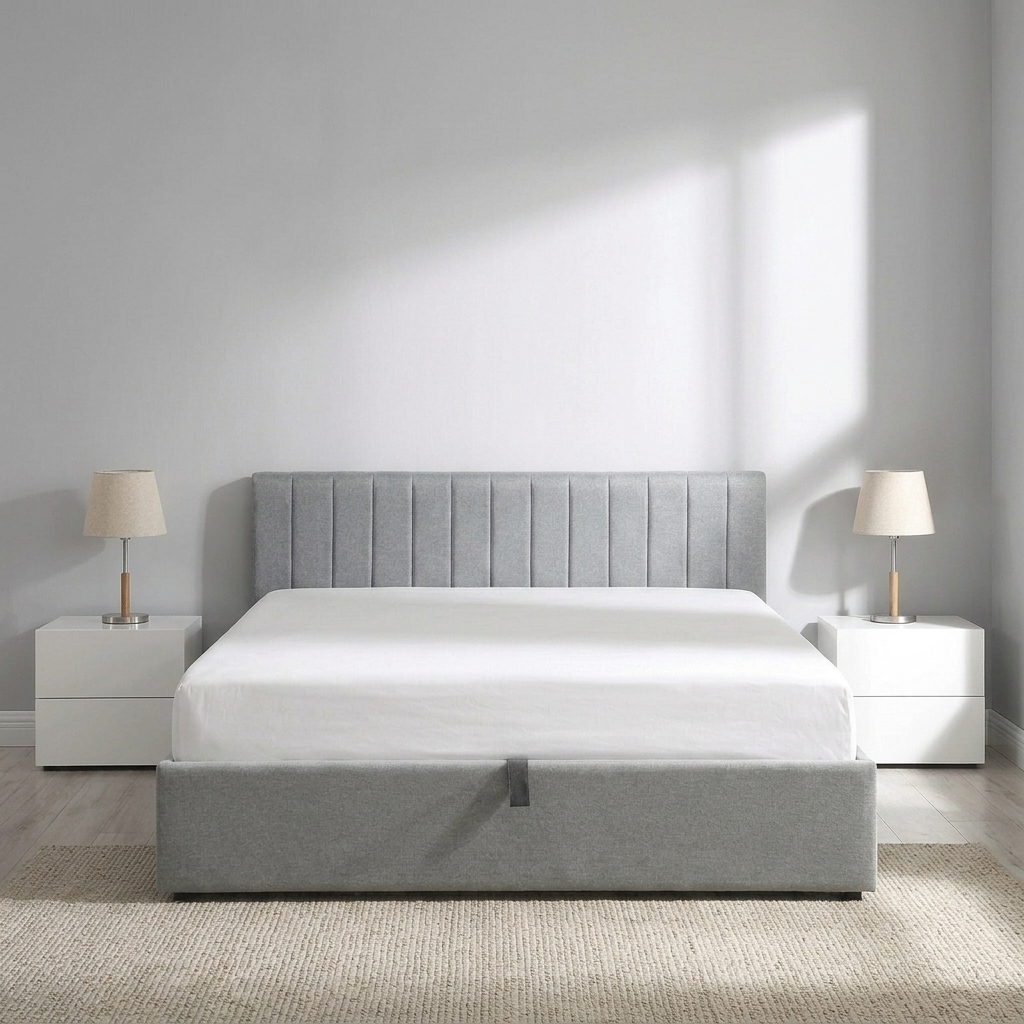 Norah - Lit Queen avec rangement - Tissu Gris