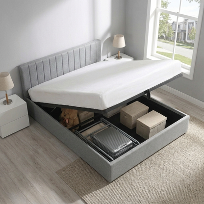 Norah - Lit King avec rangement - Tissu Gris