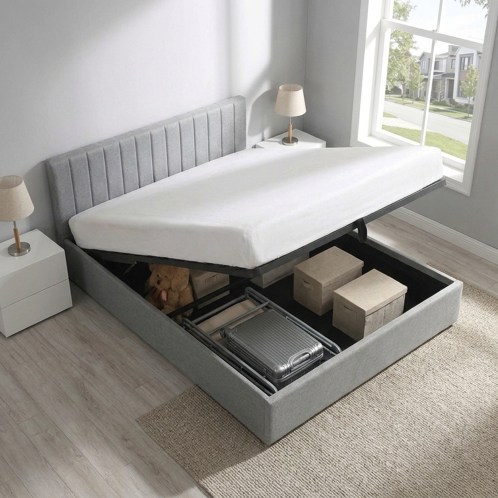 Norah - Lit Queen avec rangement - Tissu Gris