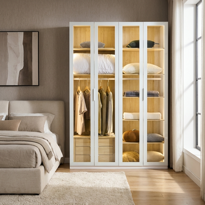 Alvero - Wardrobe - 4 Doors and 3 Drawers - White and Wood