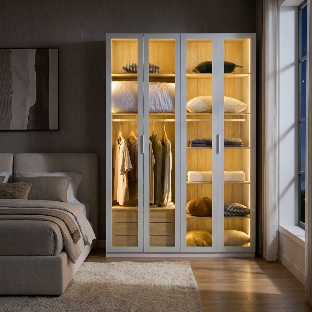 Alvero - Wardrobe - 4 Doors and 3 Drawers - White and Wood
